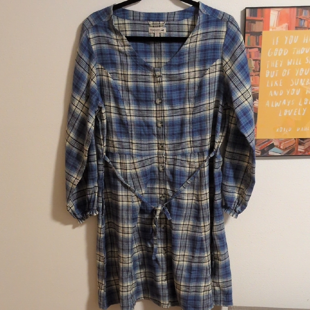 Toad&Co Blue Plaid Button-Down Dress Size L P2P: 21.5in Waist: 18in